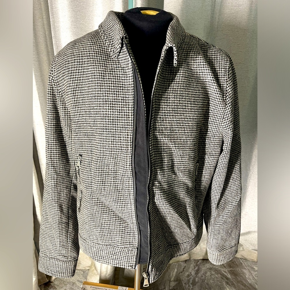 H&M Mens Jacket Black White Check Wool Polyester Full Zip Lined Pockets size XL